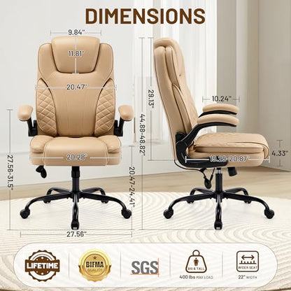 Ergonomic Office Chair, PU Leather High Back Executive Chair with Adjustable Inflatable Lumbar Support and Padded Flip-Up Arms, Recline Swivel Task Computer Chair for Home Office, Khaki - color: Khaki