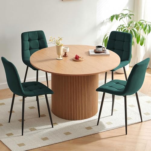 Homedot 47" Round Dining Table Set for 4 with Green Chairs, Modern Kitchen Table Set with Upholstered Dining Side Chairs, Oak Wooden Coffee Dining Set for Dining Reception Room - color: Dark Green, size: 1* Oak Color Table+4*Chair