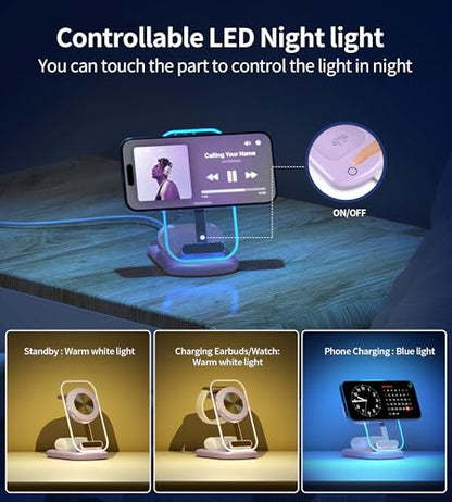 Mukiya 3 in 1 Magnetic Wireless Charging Station for Apple Devices | Fast Travel Charger Stand with Night Light for MagSafe-enabled iPhone 17 16 15 14 13 12 Series, Apple Watch/AirPods Pro, PU - color: Purple