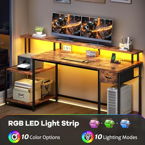 DurayLoly Computer Desk with 55" Long Monitor Stand, 18"Ample Printer Space | Storage Drawer and File Shelves,Versatile RGB LED Lighting,Built-In USB Outlet,Sturdy Metal Frame,Bedroom Writing Desk,Brown - color: Rustic Brown