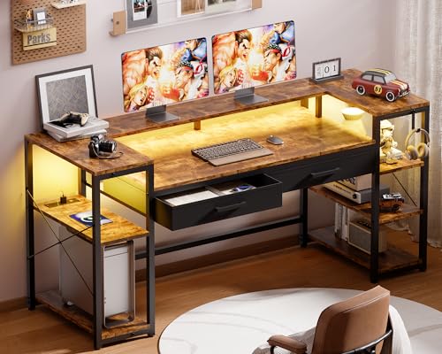 Pamray 58 Inch Gaming Computer Desk with Monitor Stand Drawers and Shelves | Ample Storage， Large Table with LED Lights & Power Outlets & USB Ports, Sturdy, Suitable for Gaming Home Office Work Study - color: Vintage