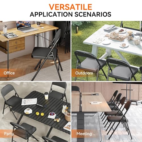 Fenbeli 4 Pack Padded Folding Chairs with Cushion, Black Fabric Foldable Chairs for Family Dining, Card & Game Nights, 330-Pound Heavy-Duty Steel Frame, Auto-Lock Hinge, Breathable Cushion, Folds Flat - color: Black, Fabric, size: Set of 4