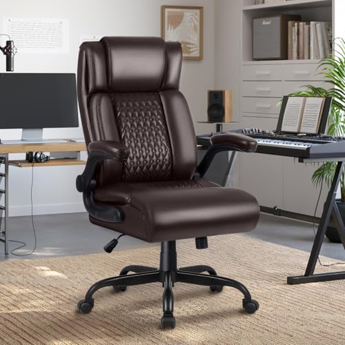 OFIKA Executive Office Chair Heavy Duty Office Chair Padded Flip Up Armrest, Computer Gaming Chair PU Leather Desk Chair, High Back Big and Tall Office Chair with Lumbar Support (Brown) - color: Flip Up Armrest-brown