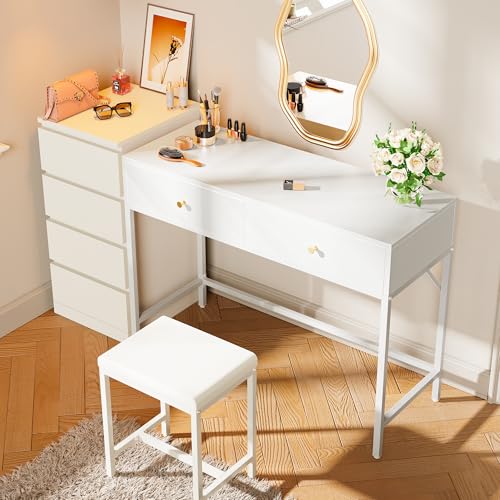 SUPERJARE 43-inch White Desk with 2 Drawers and Padded Stool - color: White, size: 43.3 inch