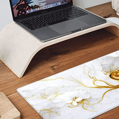 Desk Pad,Office Desk Mat 31.5"×11.8" Large Gaming Mouse Pad,Extended Computer Mouse Pad,Waterproof Thick Big Mouse Pads with Non-Slip Rubber Base Office Home White Gold Marble Flower - color: Xl01-15 White Gold Marble Flower, size: 31.5 x 11.8 in