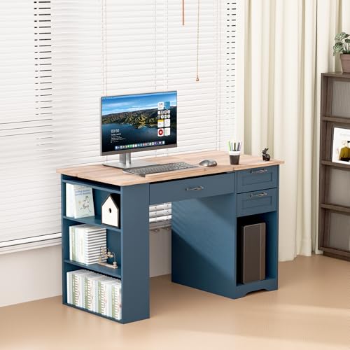 Drafting Table with Storage Cabinet & Drawers, Adjustable Drawing Desk with Open Shelves, Craft Table Painting Desk for Artists, Painters, Drawing, Crafting, Reading, Writing, Working (Blue) - color: Blue