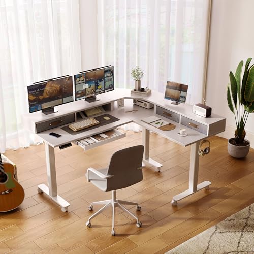 Claiks Dual Motor L Shaped Standing Desk with Drawers, 63inch, White - color: White