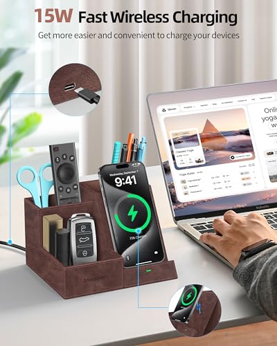 Wireless Charger with Desk Organizer, 3 Compartments and 1 Phone Stand - color: Dark Brown