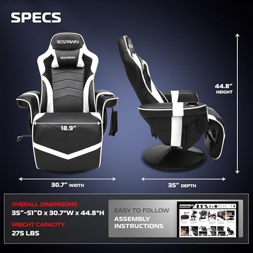 RESPAWN 900 Gaming Recliner Chair with Footrest, Cup Holder and Swivel | Ergonomic gaming recliner with footrest, cup holder, lumbar support, 135° recline & 360° swivel for console gaming - color: White
