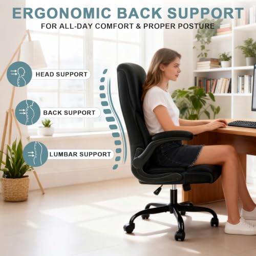 Executive Office Chair,High Back Ergonomic Comfy Desk Chair with Padded Flip-up Armrests and Wheels,PU Leather Heavy Duty Computer Swivel Rolling Task Chair for Home Office,Adults,Black - color: Black