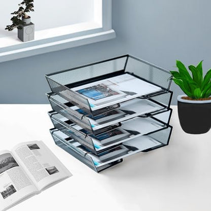SETTFRFE 4 Tier Metal Letter Tray Desk Organizer-Stackable Paper Tray,Black | Desk Tray Organizer with Reinforced Edges,Stackable File Trays Organizers and Storage System for Office,School,Home