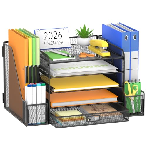 SUPEASY Mesh Desk Organizer with File Holder, 5-Tier Paper Letter Tray Organizer with Magazine Holder, Desktop Organizer and Storage with Drawer for Office Supplies Home or School (Black) | Two side magazine holders and a bottom drawer store papers, folde