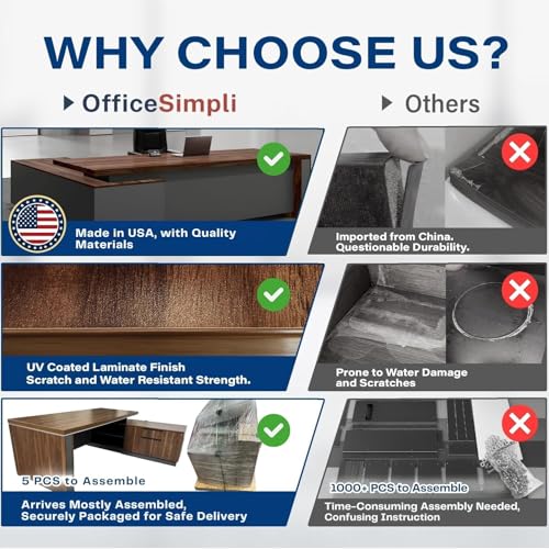 OfficeSimpli L Shaped Executive Desk with Drawers, Made in USA, 84x72x30 in - size: 84" x 72" x 30" (Credenza Left)