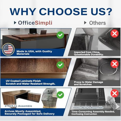 OfficeSimpli L Shaped Executive Desk with Drawers, Made in USA, 84x72x30 in - size: 84" x 72" x 30" (Credenza Left)