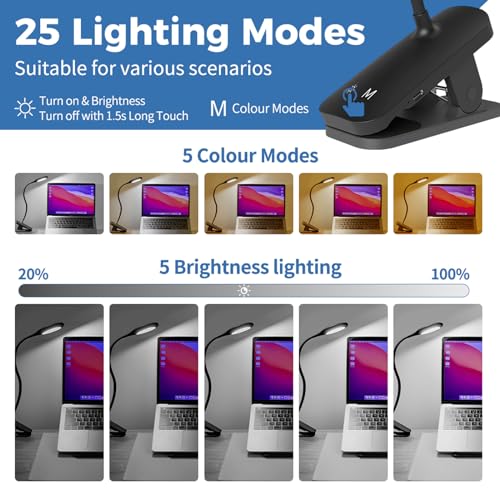 CUHIOY 2Pack Rechargeable Clip on Reading Light for Bed Headboard, Black | 5 Colors 5 Brightness Bed Light, Battery Flexible Neck Desk Lamp with Strong Clamp, Flicker-Free Night Light, Kids Bunk Bed - style: 2Pack Black