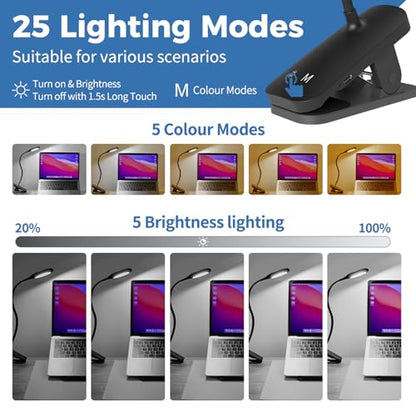 CUHIOY 2Pack Rechargeable Clip on Reading Light for Bed Headboard, Black | 5 Colors 5 Brightness Bed Light, Battery Flexible Neck Desk Lamp with Strong Clamp, Flicker-Free Night Light, Kids Bunk Bed - style: 2Pack Black