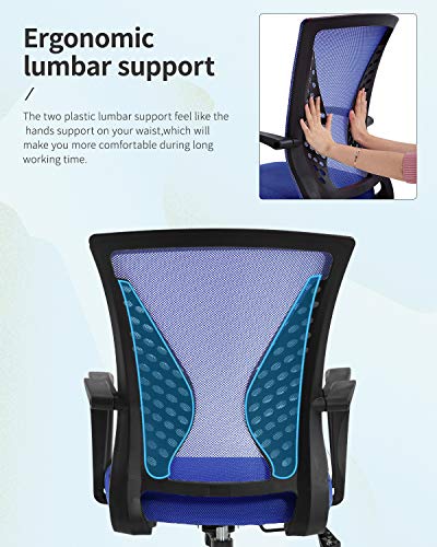 Home Office Chair Mid Back PC Swivel Lumbar Support Adjustable Desk Task Computer Ergonomic Comfortable Mesh Chair with Armrest (Blue) - color: Blue