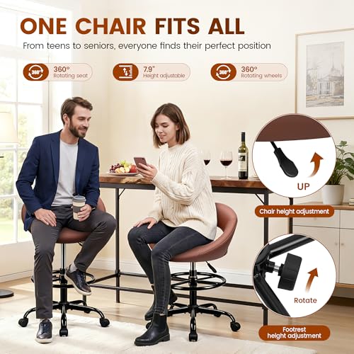 Rolling Bar Stool with Back & Footrest, Office Drafting Chair | PU Leather Chair with Wheels, Swivel Tall Counter Height Stool for Kitchen Island Salon Vanity Standing Desk, Brown, 2 Pack - color: Brown, size: 2 Pack