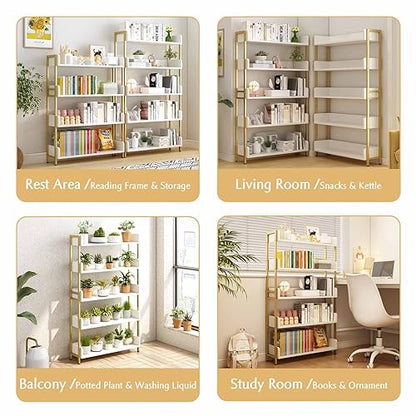 OSCHF Wide Open Shelf Bookcase, 5-Tier, White with Gold Frame - size: 5-Tier