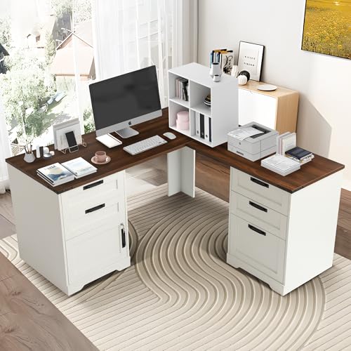60" L-Shaped Executive Desk with Power Outlets & Drawers, White | Wooden Home Office Computer Table with Lockable & Adjustable Storage Cabinet, Corner Standing Writing Desks for Work or Study - color: Brown