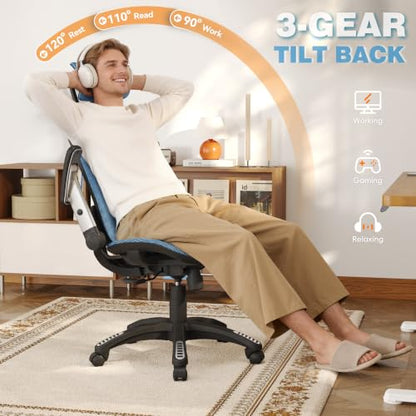 GABRYLLY Ergonomic Office Chair, High Back Home Desk Chair with 2D Flip-Up Arms, 3D Headrest, 90-120° Tilt and Wide Cushion, Big and Tall Mesh Chairs for Man Woman, Blue Computer Task Chair - color: Navy Blue