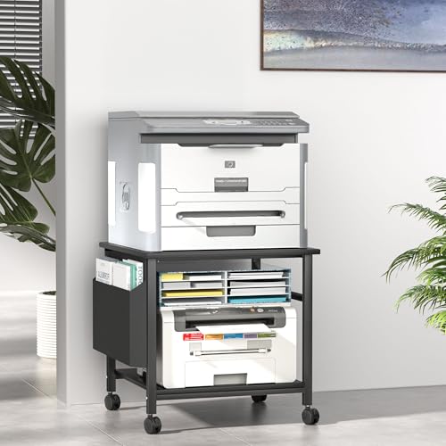 Large Printer Stand, 23.6 x 23.6 Inches Square Printer Stand with Storage Shelf, 2 Tier Printer Table for Home Office, Rolling Printer Cart with Lockable Wheels, Mobile Mini Fridge Stand Table, Black - color: Black
