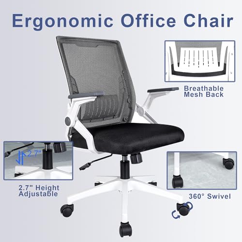 Ergonomic Office Chair with Flip-Up Arms, Small Desk Chair with Breathable Mesh Back, Home Office Desk Chair that Saves Space, Compact Swivel Computer Chair - color: White