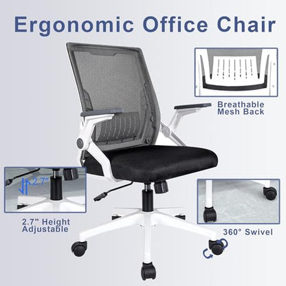Ergonomic Office Chair with Flip-Up Arms, Small Desk Chair with Breathable Mesh Back, Home Office Desk Chair that Saves Space, Compact Swivel Computer Chair - color: White