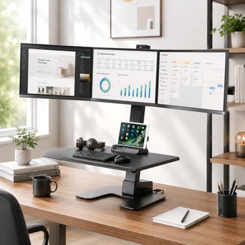 Mount-It! Triple Monitor Electric Standing Desk Converter - 3 Screens Stand Up Desk Riser - Height Adjustable Desktop & 3 Mounts for Screens up to 32", Sit-Stand Convertor for Home, Office, School - color: Black, size: Triple Monitor