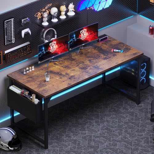 OLIXIS Computer Desk, 63 Inch Gaming Desks for Home Office Small Spaces | Writing Study Craft Work Table, Computer Workstation for Bedroom with Storage Bag, Rustic Brown - color: Brown Table Top &Black Legs, size: 63 Inch