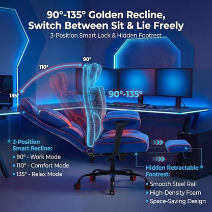 Big and Tall Gaming Office Chair 400lbs - Heavy Duty Ergonomic Computer Desk Chair with Footrest, Adjustable Armrests, High Back PU Leather with Racing Style (Blue/Red) - color: Blue/Red