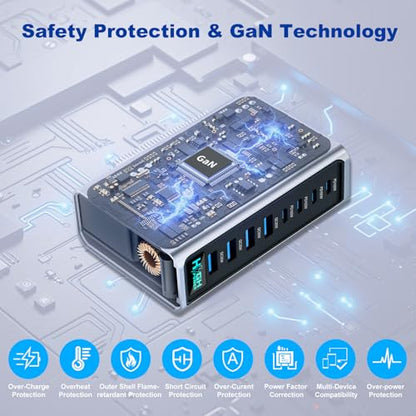 520W USB C Charger Station, 8-Port (4C+4A) GaN Fast Charger Block, 100W PD PPS for MacBook/iPad/iPhone, with PFC & Anti-Slip Base, Ventilation Design, Include 1.5M 100W Cable & Cable Organizer - color: silver