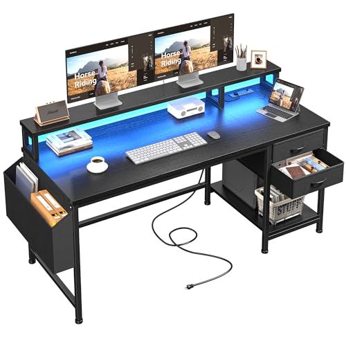 DurayLoly 48" Gaming Desk with RGB Lights & Power Outlets for Teens | Wireless Remote Full-Color Strip, Various Lighting Modes, Level Up Teens Gaming Vibe or Study for Protect Eyes In Bedroom - color: Black, size: 48"W*20"D*35.5"H