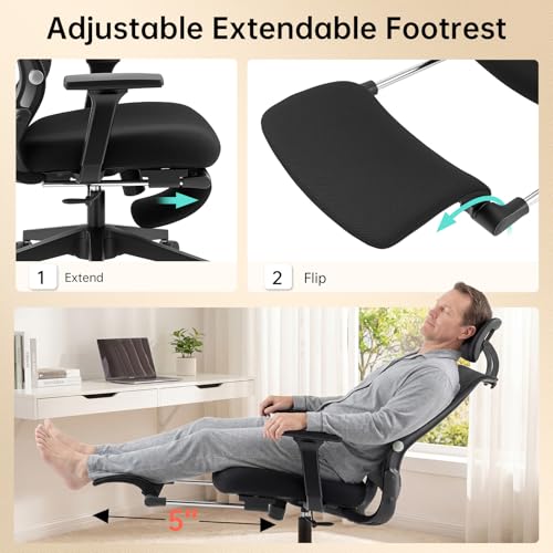Ergonomic Foldable Office Chair with Footrest and Lumbar Support, Black - color: Black