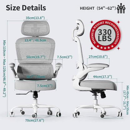 TRALT Office Chair Ergonomic Desk Chair - Gaming Chair with Lumbar Support | 330 LBS Home Office Desk Chairs with Headrest, Reading Chair with Flip-up Armrests, Comfortable Computer Chairs (1, Grey) - color: Light Grey