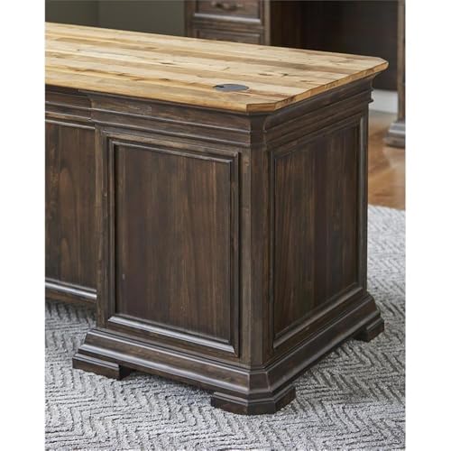 Pemberly Row Executive Desk, 60”W x 28”D x 30”H, Solid Wood Plank Top, Brown Finish, Double Pedestal Design, Dropfront Keyboard Drawer, Locking File Drawers, Antique Bronze Hardware, Home Office Desk