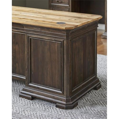 Pemberly Row Executive Desk, 60”W x 28”D x 30”H, Solid Wood Plank Top, Brown Finish, Double Pedestal Design, Dropfront Keyboard Drawer, Locking File Drawers, Antique Bronze Hardware, Home Office Desk