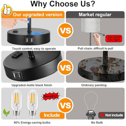 Lynnoland 2 Pack Touch Control Table Lamps with 2 USB & AC Outlet, 3-Way Dimmable Bedside Nightstand Lamps for Bedroom Living Room Nursery, 800 Lumens 3000K Warmlight Bulbs Included - color: Black & Matte Black