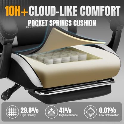 GTPLAYER Gaming Chair with Foot Rest & Pocket Spring Cushion, Ergonomic High Back Computer Chair with Headrest & 360°-Swivel Seat for Home Office Desk, PU Leather, White/Black - color: White-black, size: Faux Leather