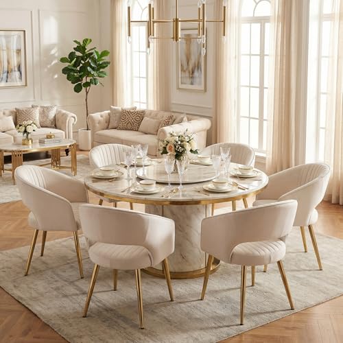 Modern Dining Chairs Set of 2, Upholstered PU Leather Dining Room Chairs with Gold Metal Legs, Accent Kitchen Chairs with Curved Backrest for Living Room, Cream - color: Cream