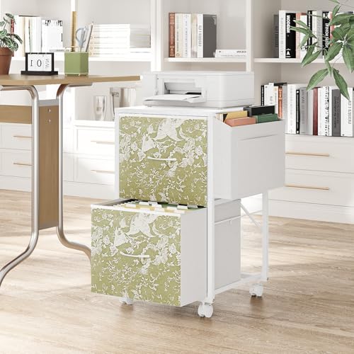 VINGLI 2 Drawer File Cabinet with Side Bag, Rolling File Cabinet Mobile Under Desk File Cabinet with Wheels, Fabric Drawers Printer Stand for Home Office, Fits Letter Size, White Green - color: White Green, size: Small 2 Drawers