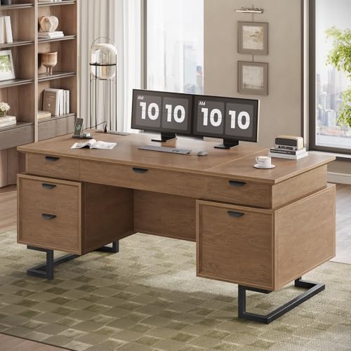 63" Executive Desk with Charging Station, Large Home Office Desks with 6 Drawers and 2 Storage Cabinets, File Drawer, Keyboard Tray, Privacy Panel, Desk Grommet, U-Shaped Metal Legs for Work and Study - color: Brown-1, size: Geometric Metal Legs