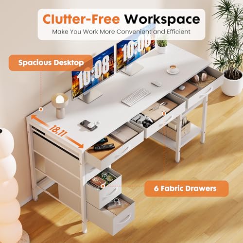 Sweetcrispy 55" Computer Desk with 6 Fabric Drawers & Storage Shelves - color: Pure White, size: 54.9 Inches