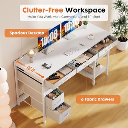 Sweetcrispy 55" Computer Desk with 6 Fabric Drawers & Storage Shelves - color: Pure White, size: 54.9 Inches