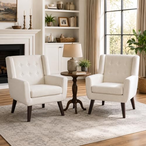 HUIMO Living Room Chairs Set of 2,Upholstered Button Linen Accent Chair | Mid Century Fabric Modern Armchair,Comfy Arm Club Sofa Chairs for Living Room Reading Bedroom,Waiting Room Beige 2PCS - color: Beige