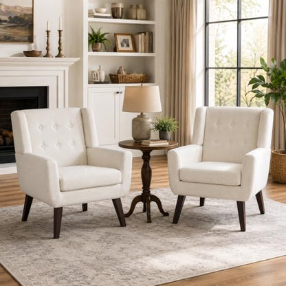 HUIMO Living Room Chairs Set of 2,Upholstered Button Linen Accent Chair | Mid Century Fabric Modern Armchair,Comfy Arm Club Sofa Chairs for Living Room Reading Bedroom,Waiting Room Beige 2PCS - color: Beige