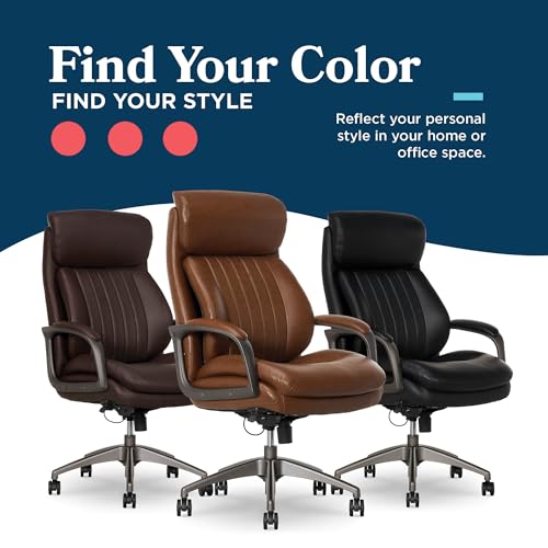 La-Z-Boy High-Back Ergonomic Office Chair, AIR Lumbar Support Leather Chair | Nova, 350lb Capacity Executive Task Chair, Padded Headrest & Arm, Layered Foam Seat Cushion, Swivel, Back Pain Relief, Cognac - color: Cognac