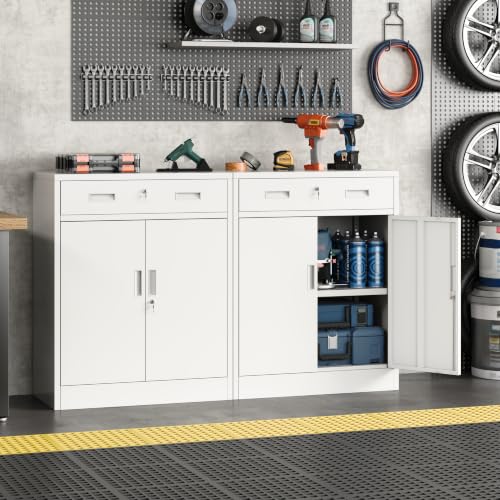 Metal Storage Cabinet, 36" Locking Cabinet with Adjustable Shelves for Garage, Office (White, 1 Drawer) - color: White, size: 36"H×28"W×16"D-1Drawer