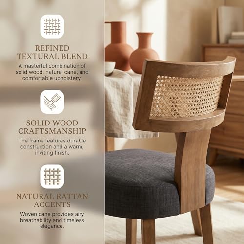 HNY Mid Century Modern Rattan Dining Chairs Set of 2, Farmhouse Linen Upholstered Accent Chair Curved Backrest Kitchen Chairs, with Hardwood Frame, Charcoal - color: Charcoal Rattan