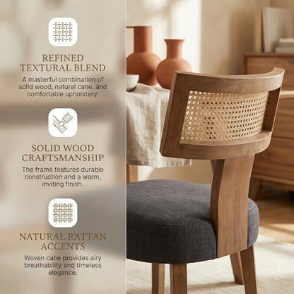 HNY Mid Century Modern Rattan Dining Chairs Set of 2, Farmhouse Linen Upholstered Accent Chair Curved Backrest Kitchen Chairs, with Hardwood Frame, Charcoal - color: Charcoal Rattan